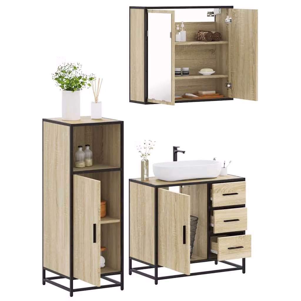 Set di mobili da bagno industrial vidaXL in legno e metallo color rovere, composto da mobile lavabo e armadietto con specchio e illuminazione LED, L/P/H: 65 x 33 x 60 cm