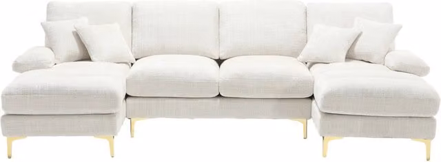 Divano a U beige in ciniglia; componibile 4 posti con doppia seduta relax per soggiorno