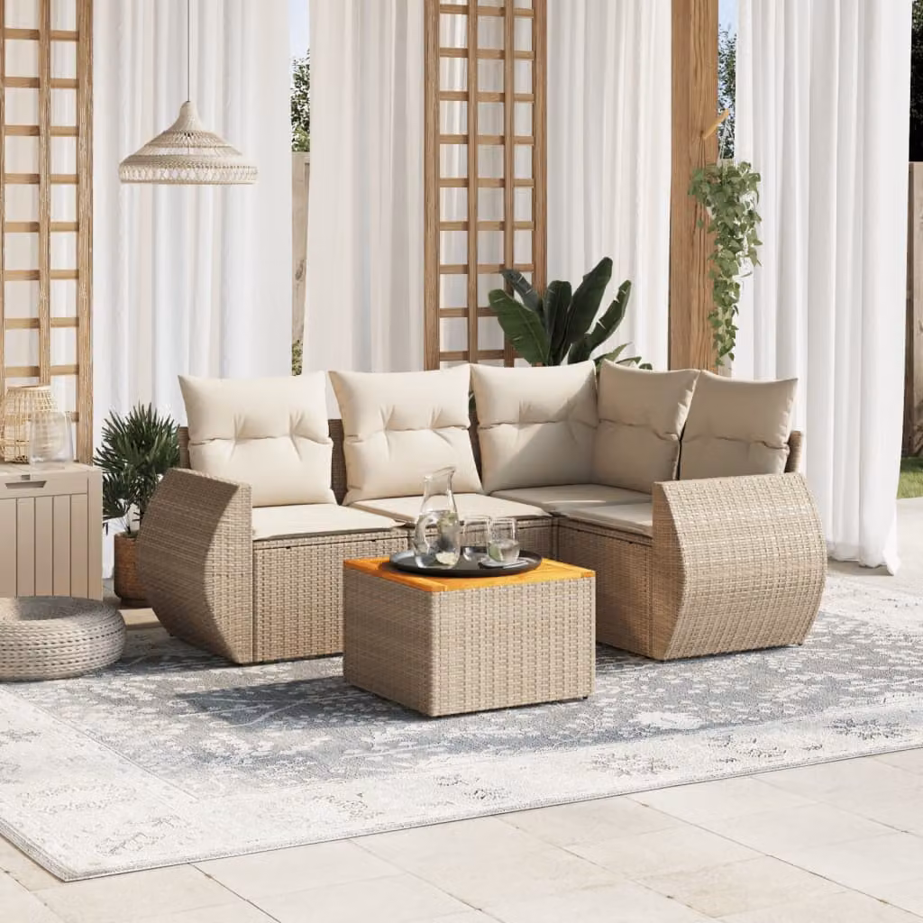 vidaXL Set Divano da Giardino a L 5 pz con Cuscini Beige e Tavolino in Polyrattan e Legno di Acacia – 1