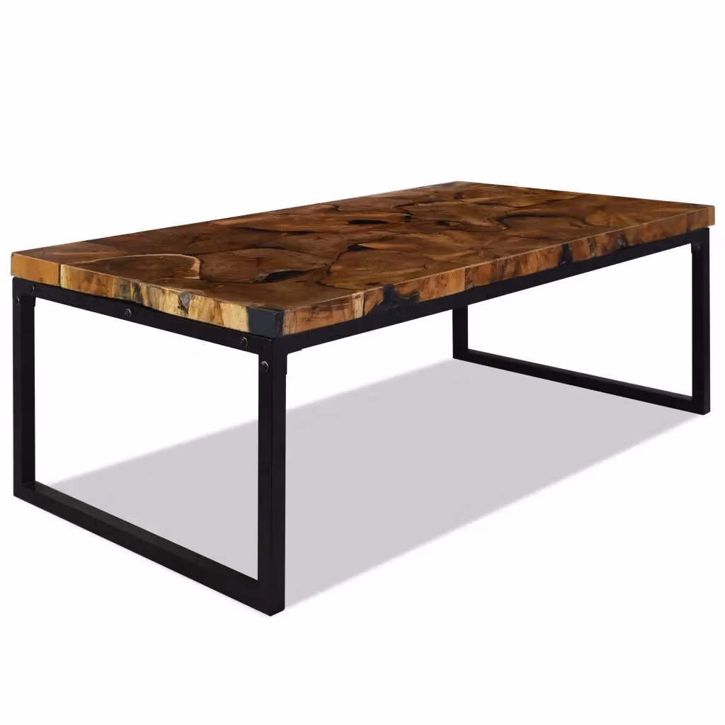 Tavolino da salotto rettangolare vidaXL in legno di teak oliato e metallo, stile rustico, marrone e nero, L/P/H: 110 x 60 x 40 cm – 2