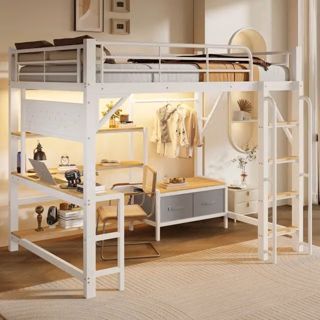Letto a soppalco 140x200 cm con scrivania; LED e contenitore in MDF e metallo