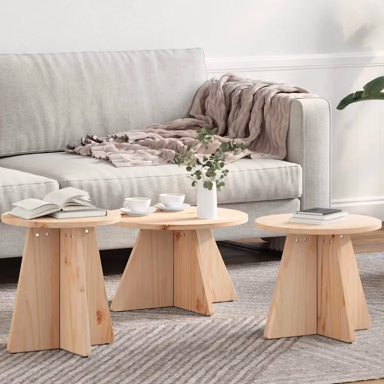 Set di 3 tavolini da salotto rotondi vidaXL in legno di pino rustico, colore beige e marrone, L/P/H: 49 x 49 x 30 cm