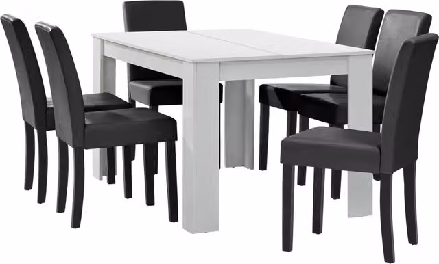 Set da pranzo en.casa composto da tavolo rettangolare e 6 sedie in similpelle, colori bianco e grigio scuro, L: 140 cm, P: 90 cm – 1