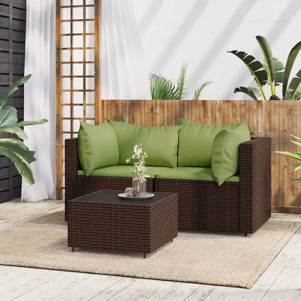 Set da giardino moderno DESIGN IN composto da divano a 2 posti, elemento angolare e tavolino da caffè con cuscini in schiuma e struttura in metallo e rattan, colore marrone e verde – 2