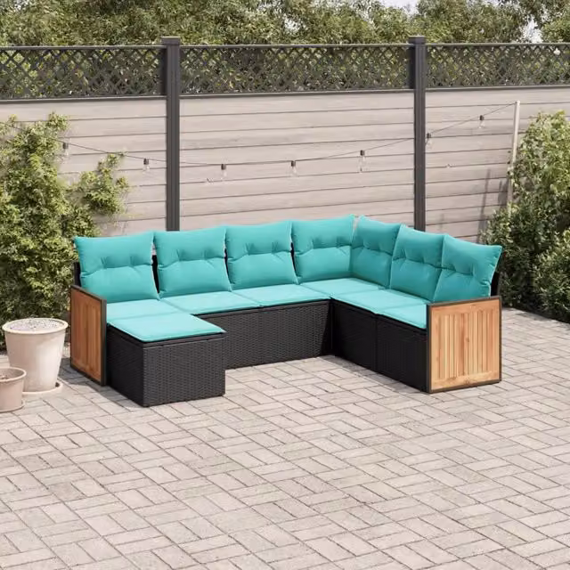 Set Divani da Giardino 7 pz con Cuscini Nero in Polyrattan 3227884