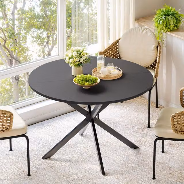 Tavolo da pranzo rotondo per 4-6 persone con piedi a X regolabili in acciaio nero 120 × 120 × 76 cm