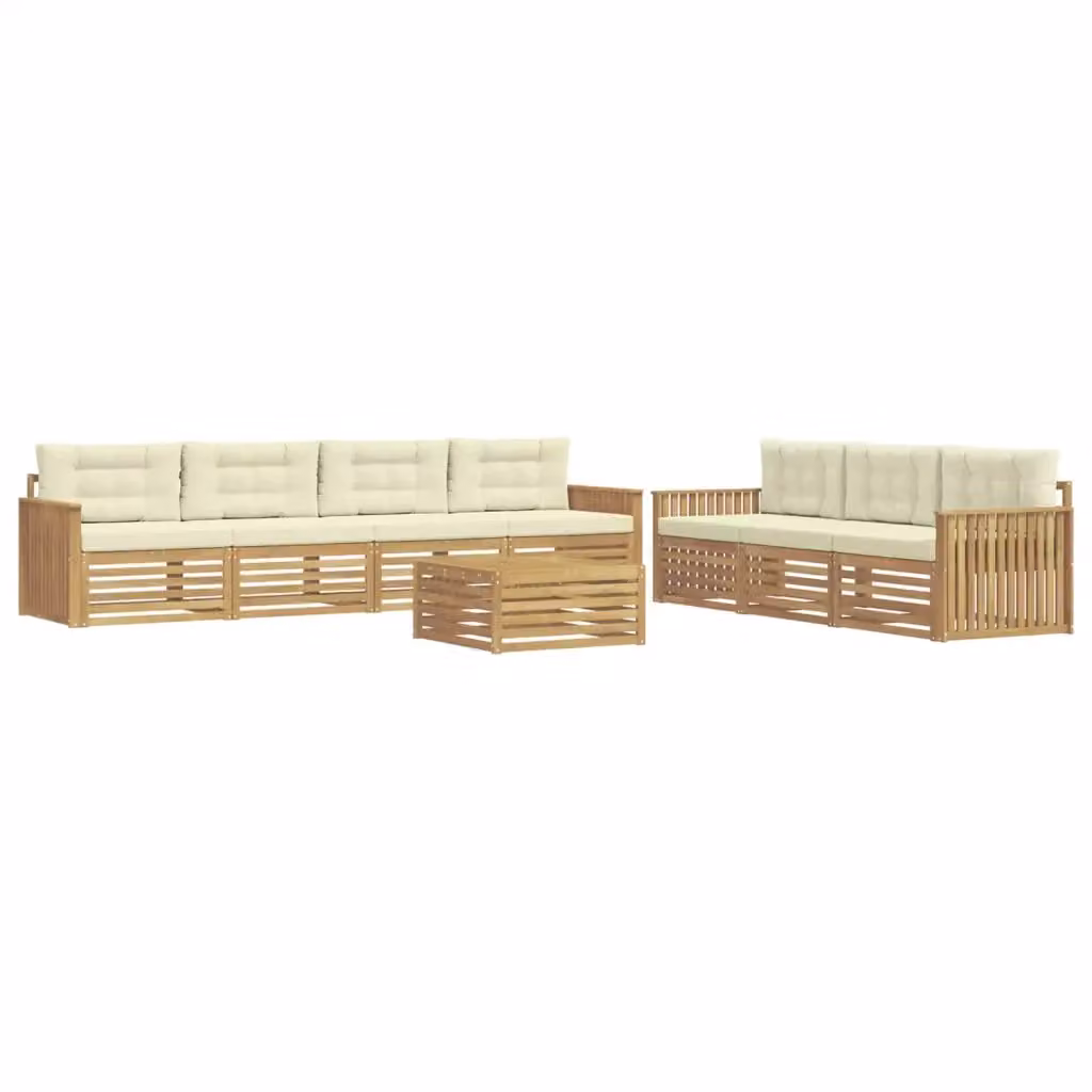 Set di divani da esterno a forma di U vidaXL in legno di acacia con tavolino e cuscini, Bianco e Beige – 2