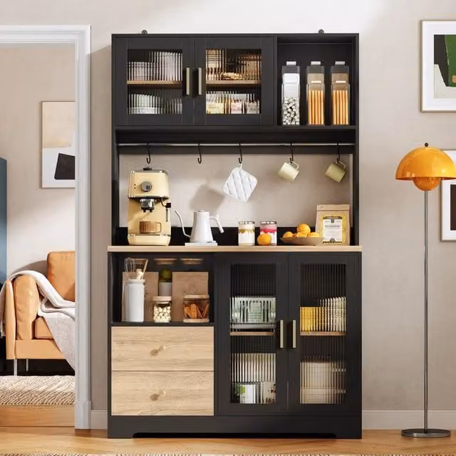 Mobile alto cucina con LED e vetro temperato ¨C Minimal ¨C Nero effetto legno 178cm