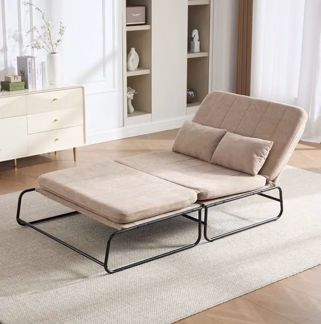 Divano letto a 2 posti convertibile in chenille con struttura in metallo; tasche laterali; khaki