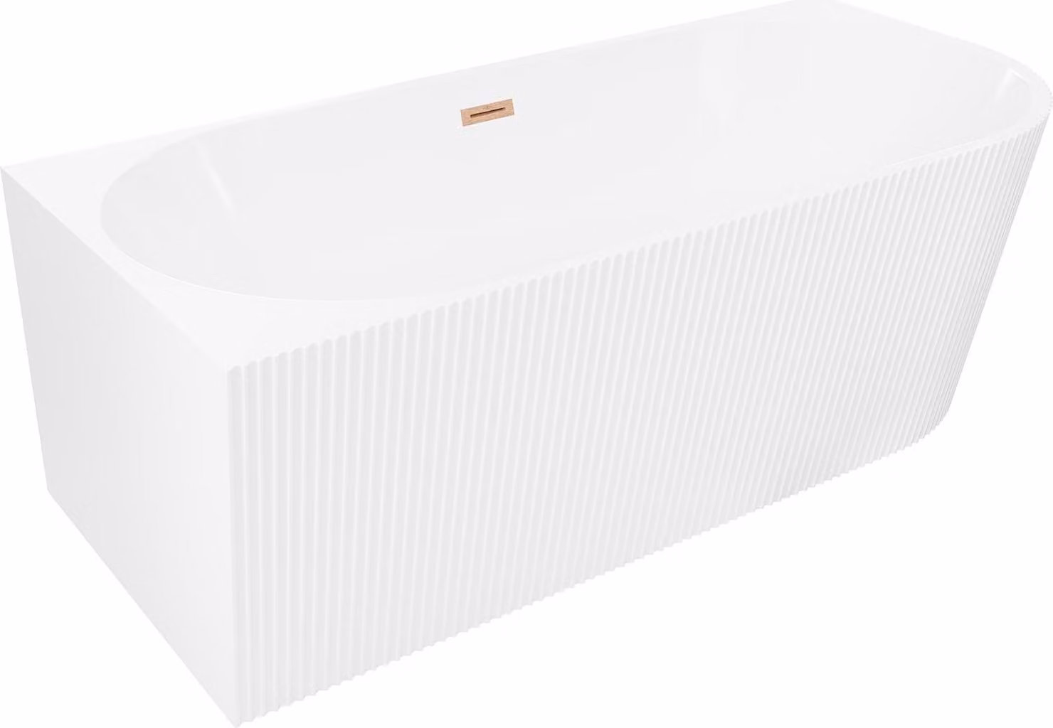 Mexen Silo vasca da bagno indipendente angolare sinistra scanalata 150 x 75 cm, bianca, troppo pieno in rame spazzolato