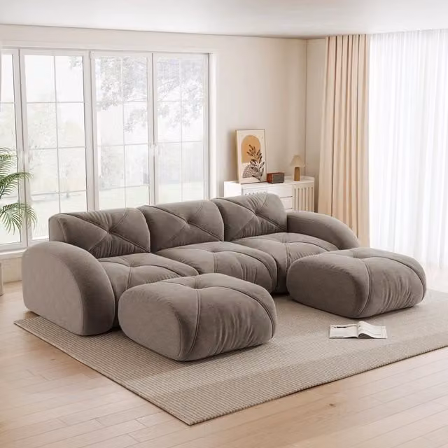 Divano Modulare a Forma di U Minimal con 2 Poggiapiedi in Tessuto Marrone