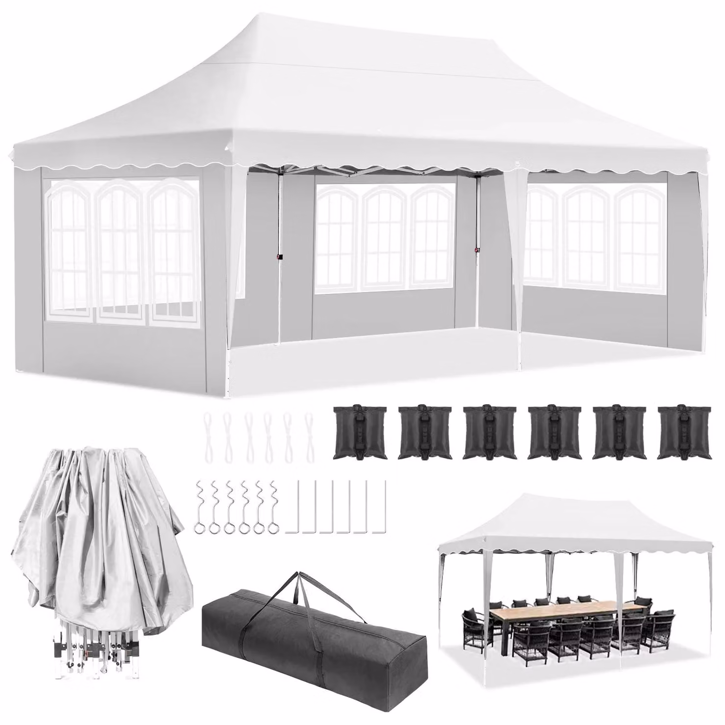 Gazebo da giardino 3x6 metri - Tenda pieghevole per feste - 4 pareti laterali - Materiale HDPE impermeabile con rivestimento inPoliuretano- Struttura in alluminio - Bianco