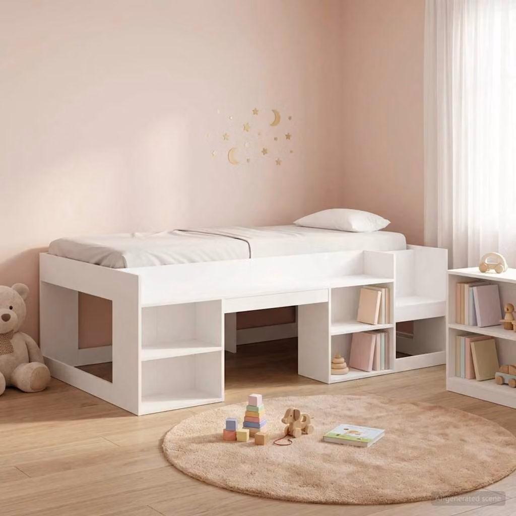 Letto singolo rialzato per bambini vidaXL con ripostiglio e scale, bianco e marrone, L: 193,0 cm, P: 120,0 cm, H: 103,5 cm