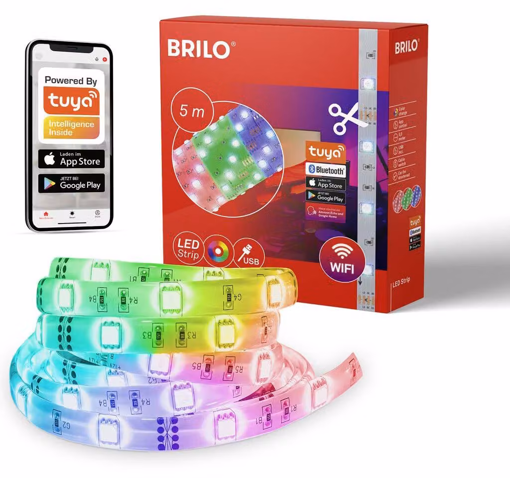 BRILONER - Striscia LED RGB 5m, striscia LED intelligente accorciabile, controllo app, sensore musicale, controllo vocale, striscia LED, barra LED, controllo musicale striscia LED