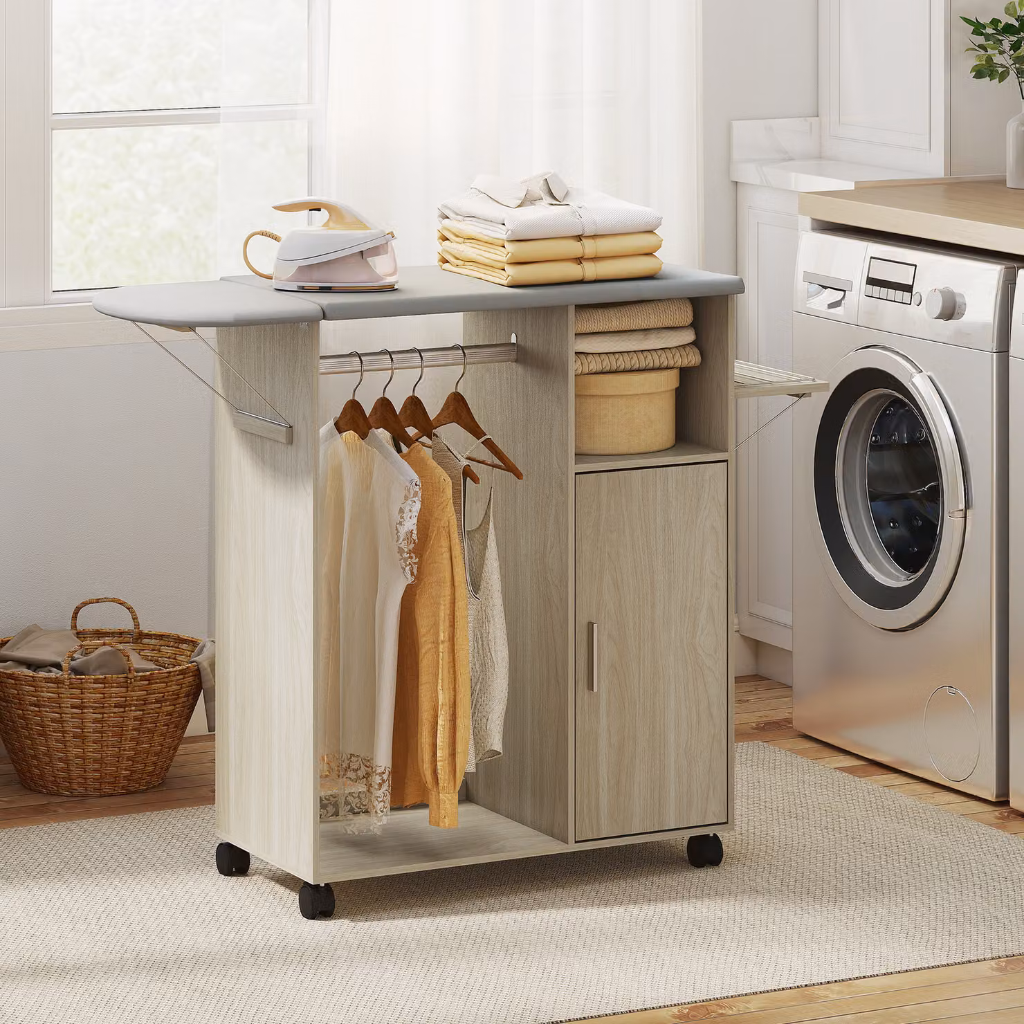 Mobile Asse da Stiro HOMCOM con Piano d'Appoggio Effetto Lino, 3 Ripiani a Cubo e Guida, L/P/H: 127 x 42,5 x 99 cm, Multicolore – 2