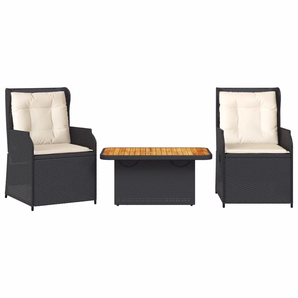 set 3 pezzi da giardino con cuscini in poly rattan nero