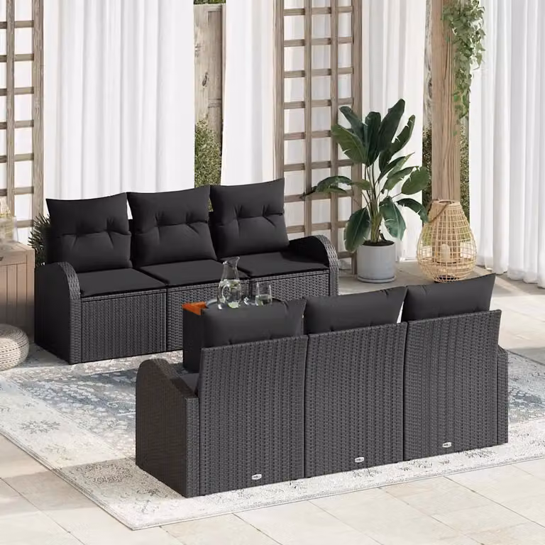 Set Divano da Giardino vidaXL 7 Pezzi Nero con Cuscini e Tavolino da Caffè in Polyrattan e Acciaio