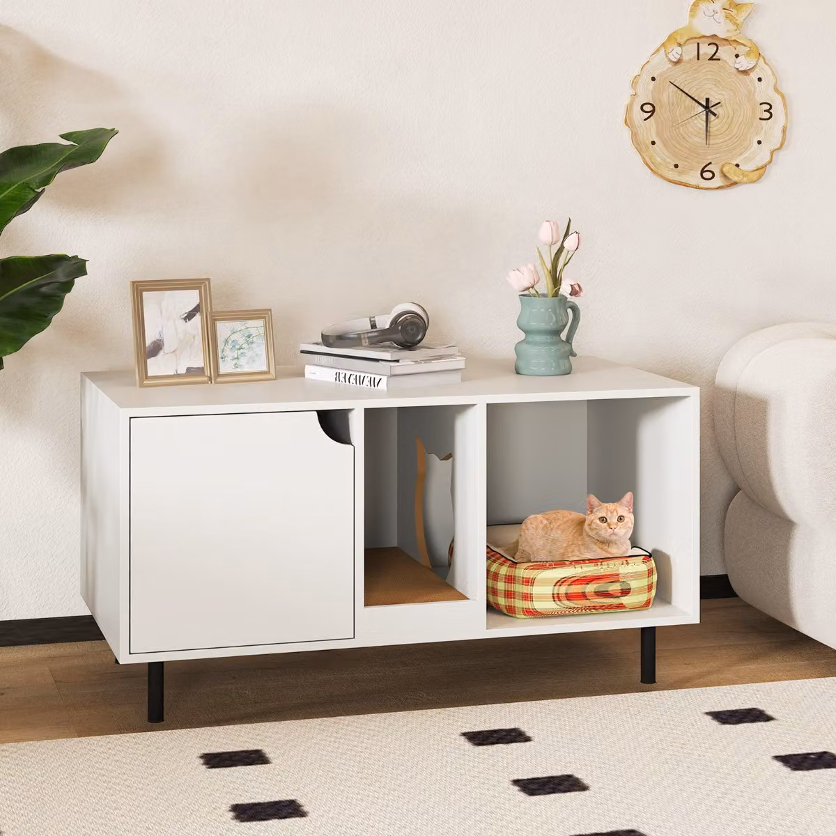 Costway Casa per gatti a due stanze in legno con pannello grattugia in sisal rimovibile, Bianco