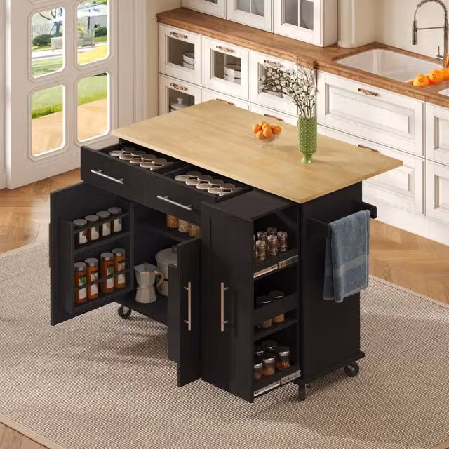 Isola cucina mobile nera con piano ribaltabile; 2 cassetti e 5 ruote; 120 x 40-65 x 90 cm