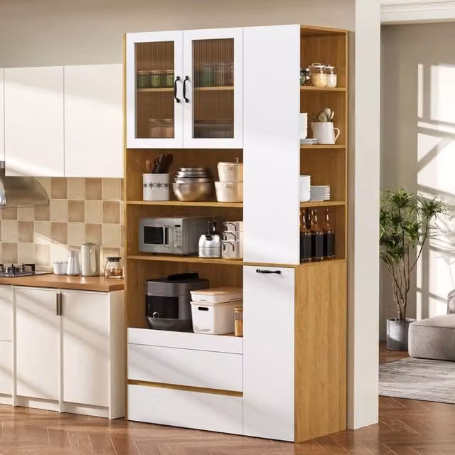 Credenza alta Mivray con ante in vetro scanalato e 2 cassetti, colore bianco naturale, L/P/H: 100 x 40 x 200 cm