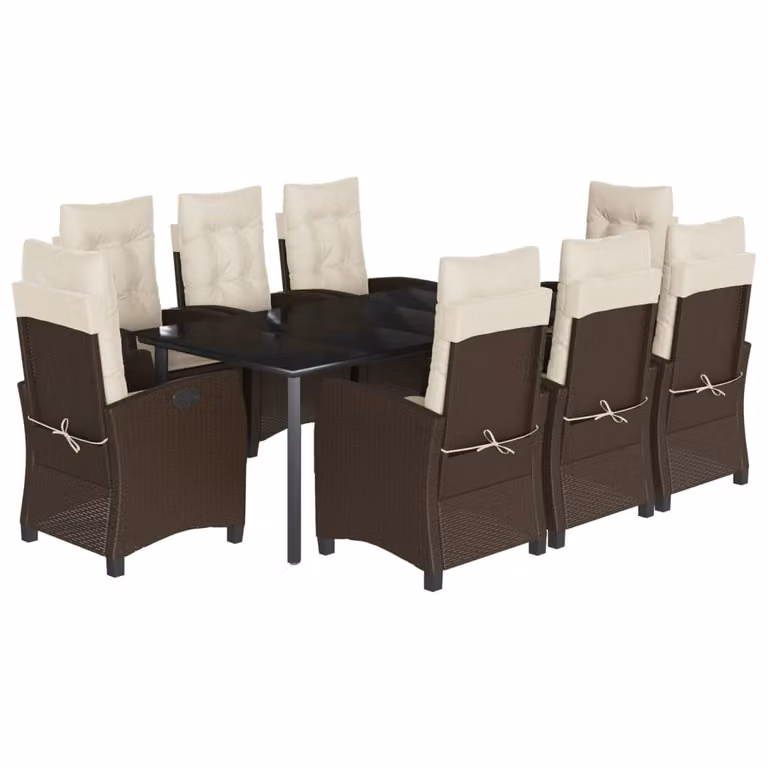 Set da Pranzo da Giardino 9pz con Cuscini Marrone in Polyrattan
