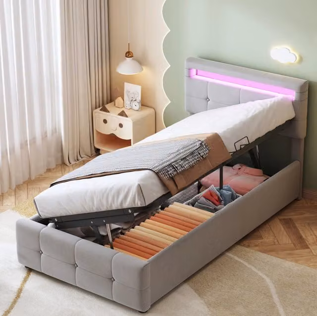 Letto imbottito 90x200 cm grigio con LED, contenitore idraulico e testiera regolabile