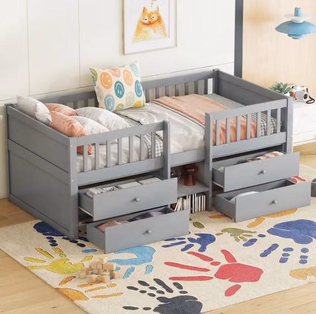 Letto semi-alto 90x200 cm grigio in pino e MDF con 4 cassetti, scala e sponde
