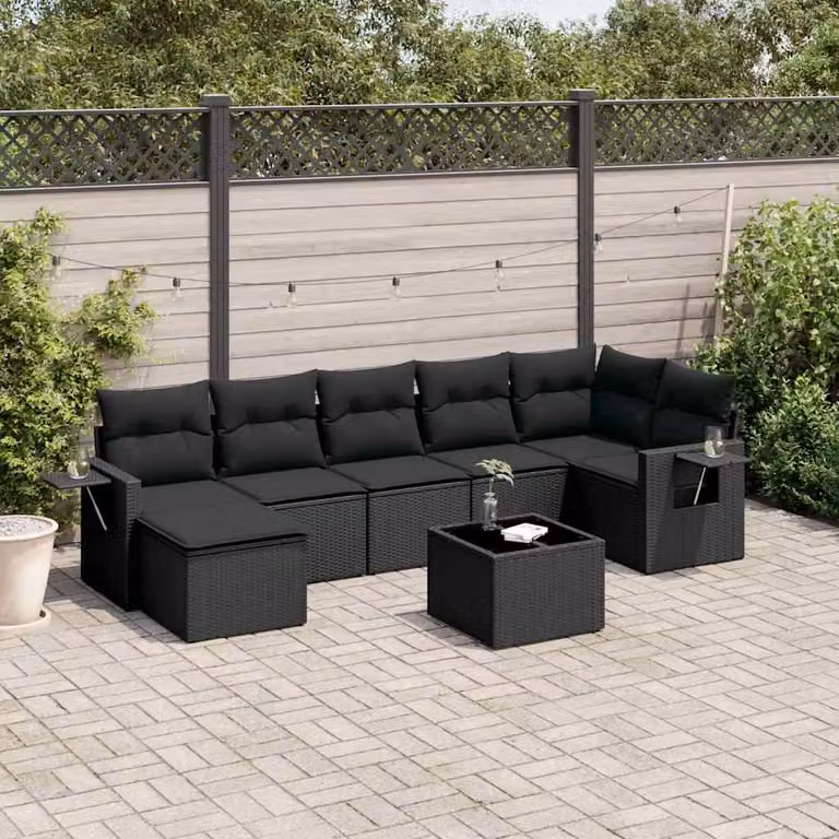 Set di divani da giardino vidaXL a forma di L in polyrattan nero con 8 pezzi e cuscini inclusi