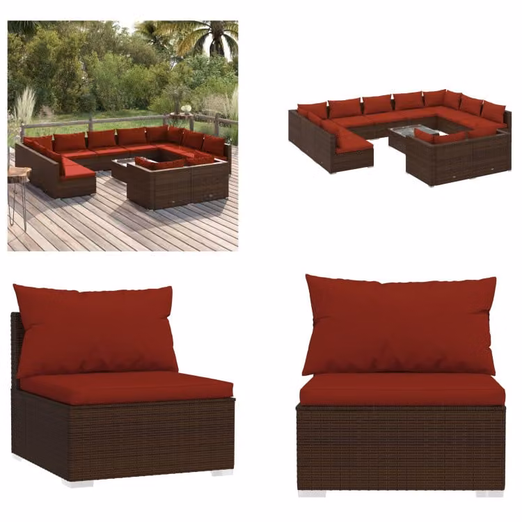 vidaXL 12 pezzi set salotto da giardino con cuscini in poly rattan marrone - set salotto da giardino - set salotto da giardino - set salotto da patio - set divano da giardino