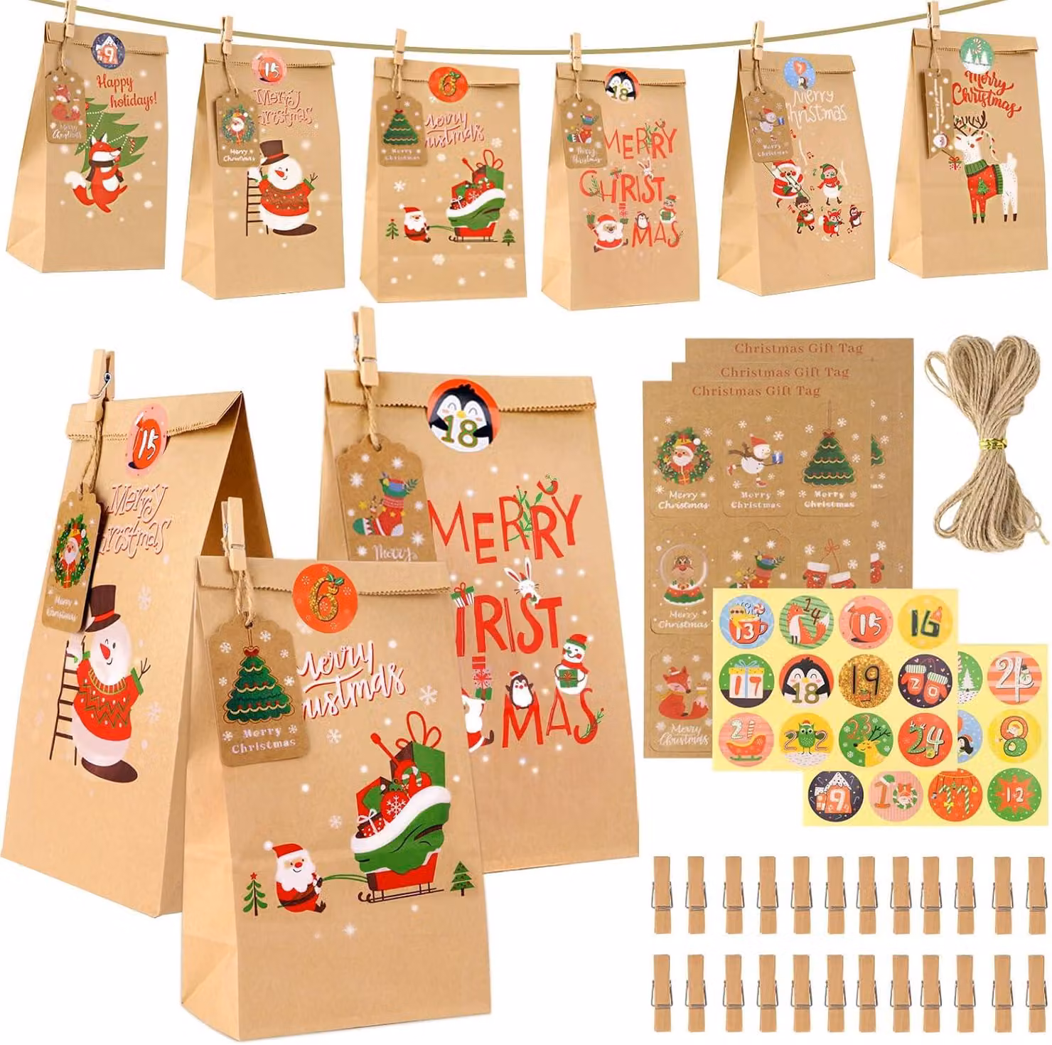 Calendario dell'Avvento da riempire - 24 sacchetti di carta per il calendario dell'Avvento, con numeri adesivi e graffette - Sacchetti regalo per Natale 2024