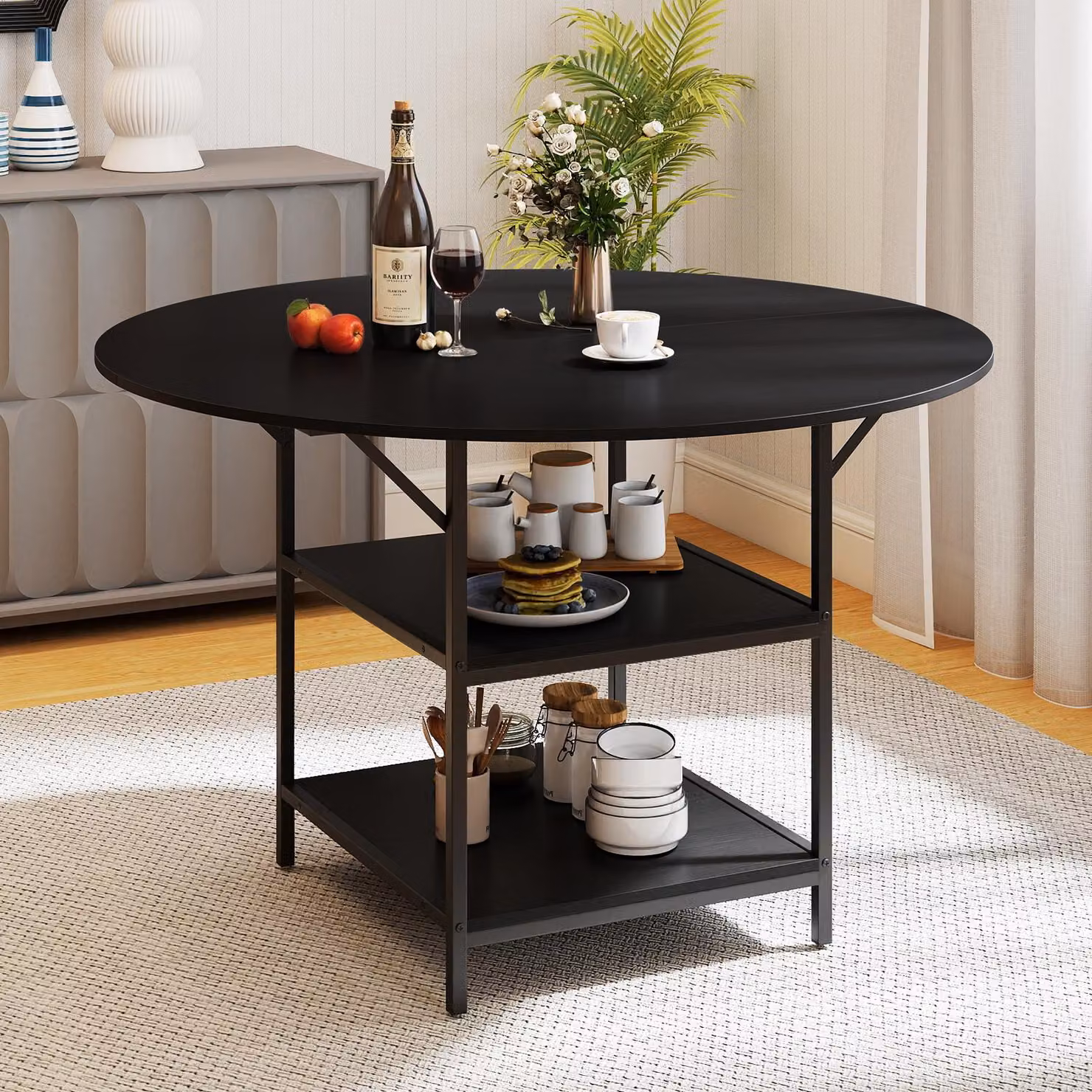 COSTWAY tavolo da pranzo rotondo 120cm, tavolo da cucina in legno per 4-6 persone, con 2 ripiani, tavolino industriale, tavolino moderno (nero)