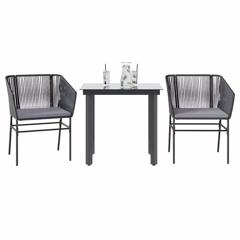 Set da pranzo da giardino vidaXL in polyrattan con tavolo in vetro e cuscini, grigio e nero