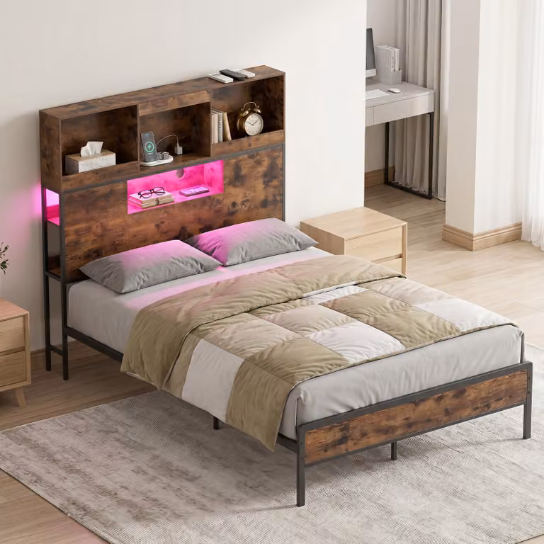 Letto matrimoniale industriale Costway in metallo marrone con luci LED, porta USB e testiera contenitore con rete a doghe