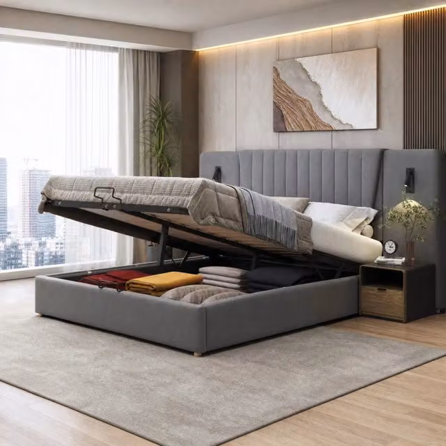 Letto Imbottito REDOM in Velluto Grigio con Testiera Alta, Luci di Lettura Integrate e Porte USB, L/P: 180 x 200 cm