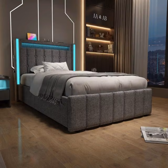 Letto singolo 90x200 cm con LED; porte USB e USB C; 2 cassetti; rivestimento in lino grigio