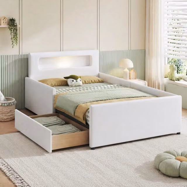 Letto singolo Mivray imbottito in similpelle bianca con cassetti, luce LED e porta USB, L/P: 90 x 200 cm