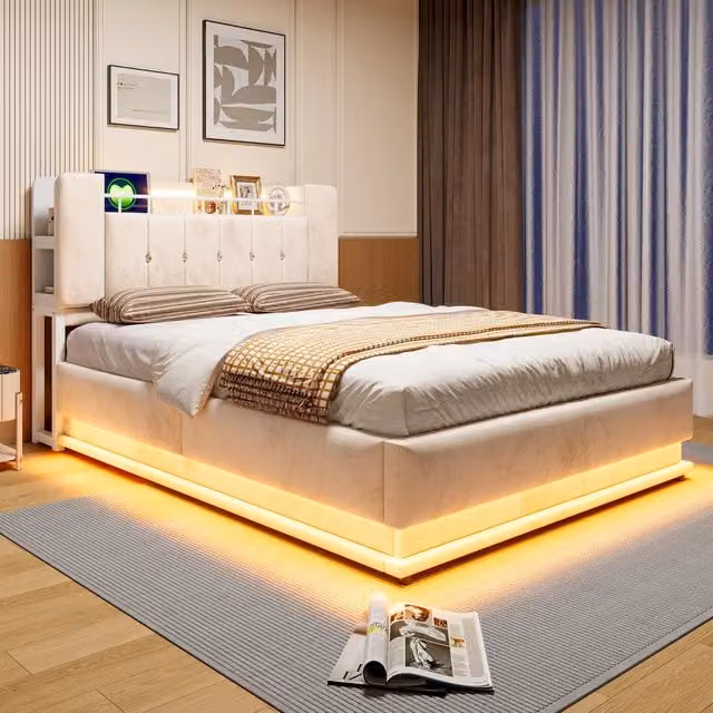 Letto contenitore 140 x 200 cm con contenitore idraulico, LED e USB, letto matrimoniale imbottito in velluto beige con vano integrato nella testiera