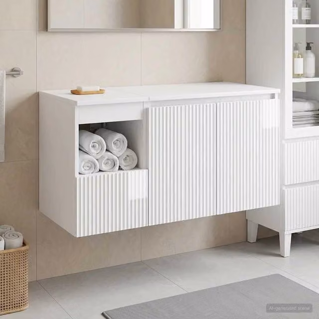 Set di mobili per bagno moderno vidaXL in bianco lucido composto da mobile lavabo, pensile e mobile laterale