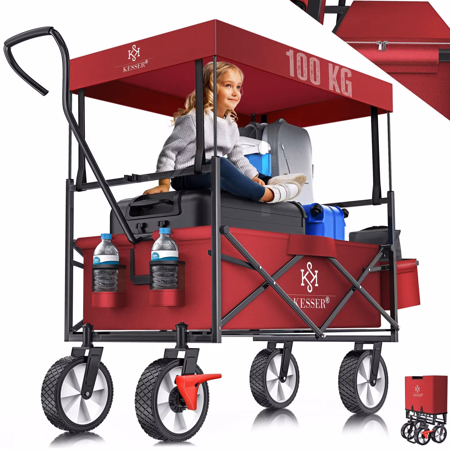 Carrello pieghevole KESSER® con tettuccio | Carrello a mano | Carrello da trasporto | Carrello portaattrezzi | Incl. 2 tasche a rete e 1 tasca esterna | Pieghevole | Pneumatici in gomma piena | Portata fino a 100 kg | Con freno sulla ruota anteriore