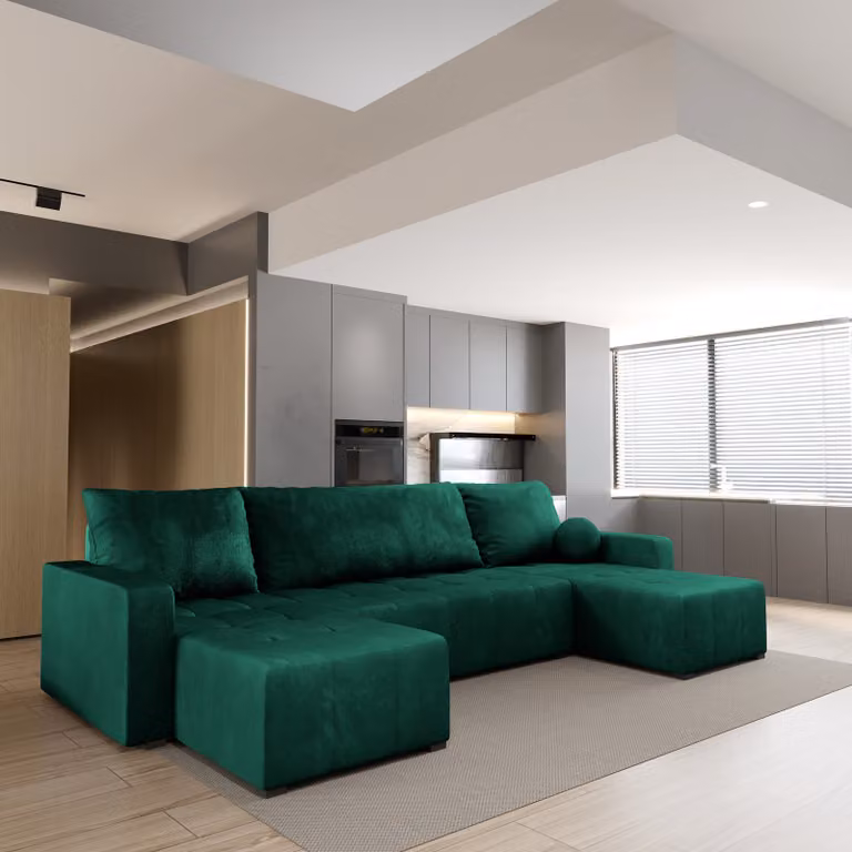 Divano angolare TOLARI di Masseno con funzione letto a U, divano con box letto, divano da soggiorno, divano, divano letto, set di divani - verde, KRONOS 19