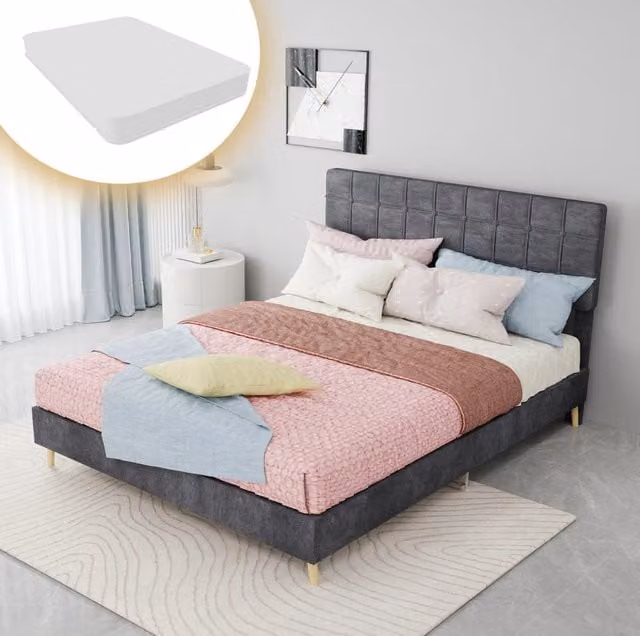 Letto imbottito in tessuto grigio con testiera trapuntata, per materasso 140x200 cm