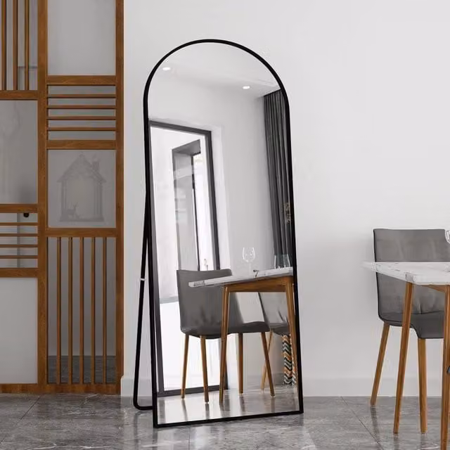 Specchio a figura intera 180x80 cm; specchio ad arco; specchio da terra con supporto; autoportante o da appoggio; specchio da parete; nero