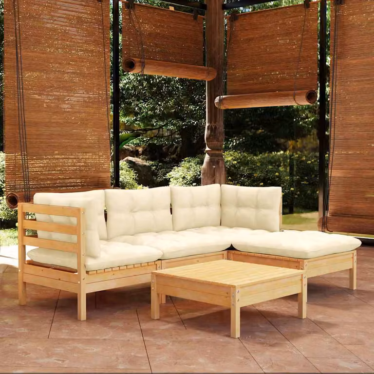 Set Divano da Giardino a L vidaXL in Legno di Pino con Cuscini Beige, 5 Pezzi