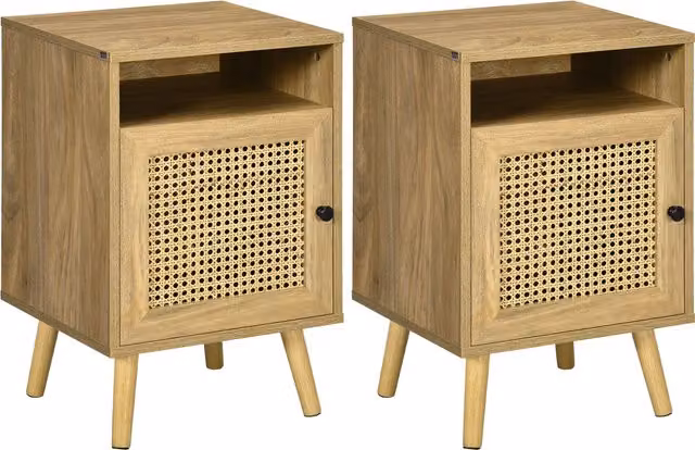 Set di 2 Comodini Moderni HOMCOM in Truciolato e Rattan Marrone con Armadietto e Ripiano Aperto, L 39 cm x P 35 cm x H 60 cm