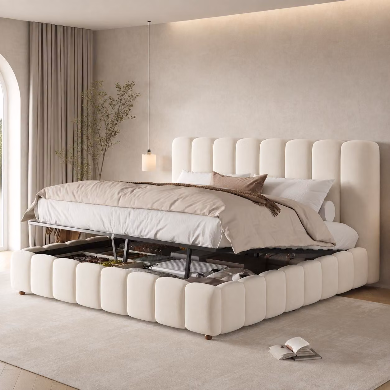 Letto imbottito 180 x 200 cm con rivestimento in velluto e contenitore a sollevamento idraulico – Letto matrimoniale a righe, con rete a listelli e gambe in legno massello, letto contenitore color beige
