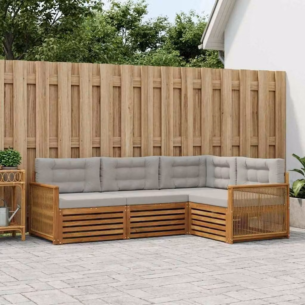 vidaXL Set di divani da esterno a L in legno di acacia con cuscini, 4 pezzi, Beige e Grigio