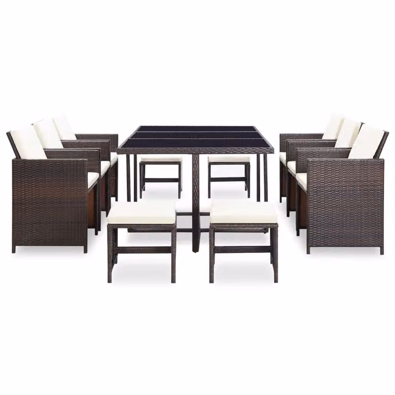 set da pranzo da giardino 11 pezzi con cuscini in poly rattan marrone