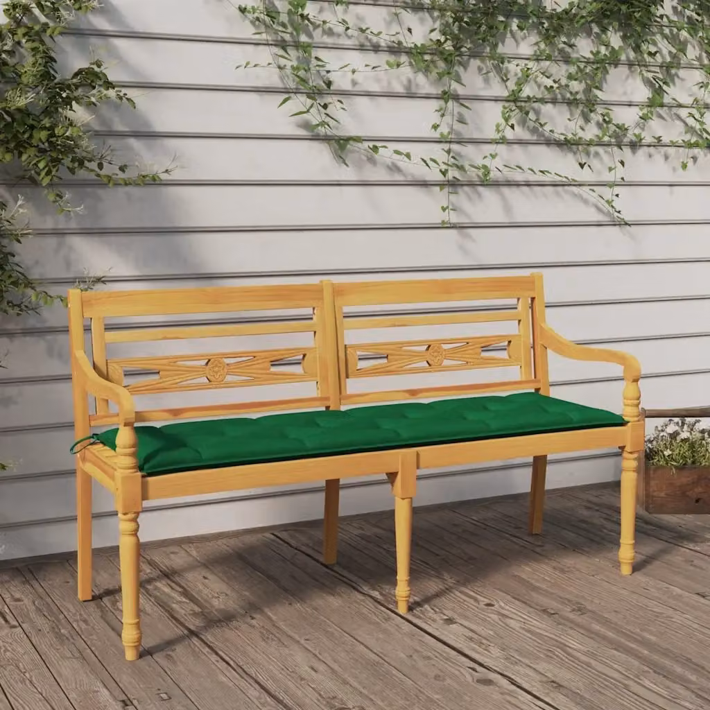 Panchina da giardino Batavia in legno di teak con cuscini verdi e braccioli L: 150 cm – 2