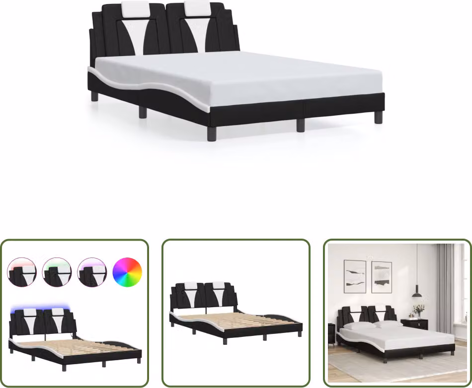 The Living Store Struttura letto con LED bianco e nero 140x200 cm in ecopelle