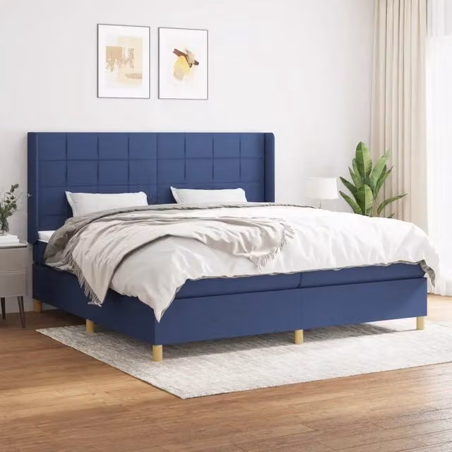 Letto Ibrido vidaXL con Giroletto a Molle e Materasso in Tessuto Blu e Bianco L/P/H: 200 x 200 x 128 cm – 1